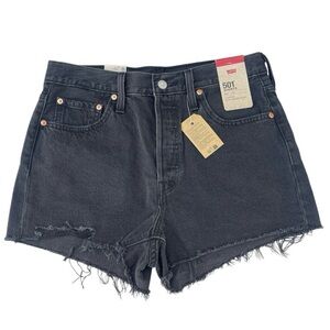 Levi’s 501 Button Fly High Rise Raw Hem Distressed Black Denim Shorts Size 32